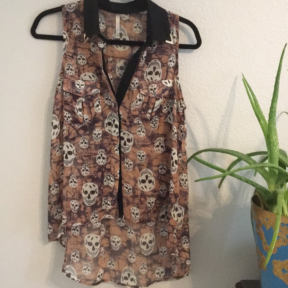 Day of the Dead Halloween Pink Skull Sheer GlamPunk sleeveless blouse skeleton